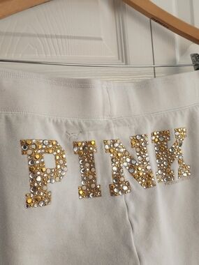 Y2K PINK Victoria's Secret McBling White Gold Silver Rhinestones Sweatpants, M